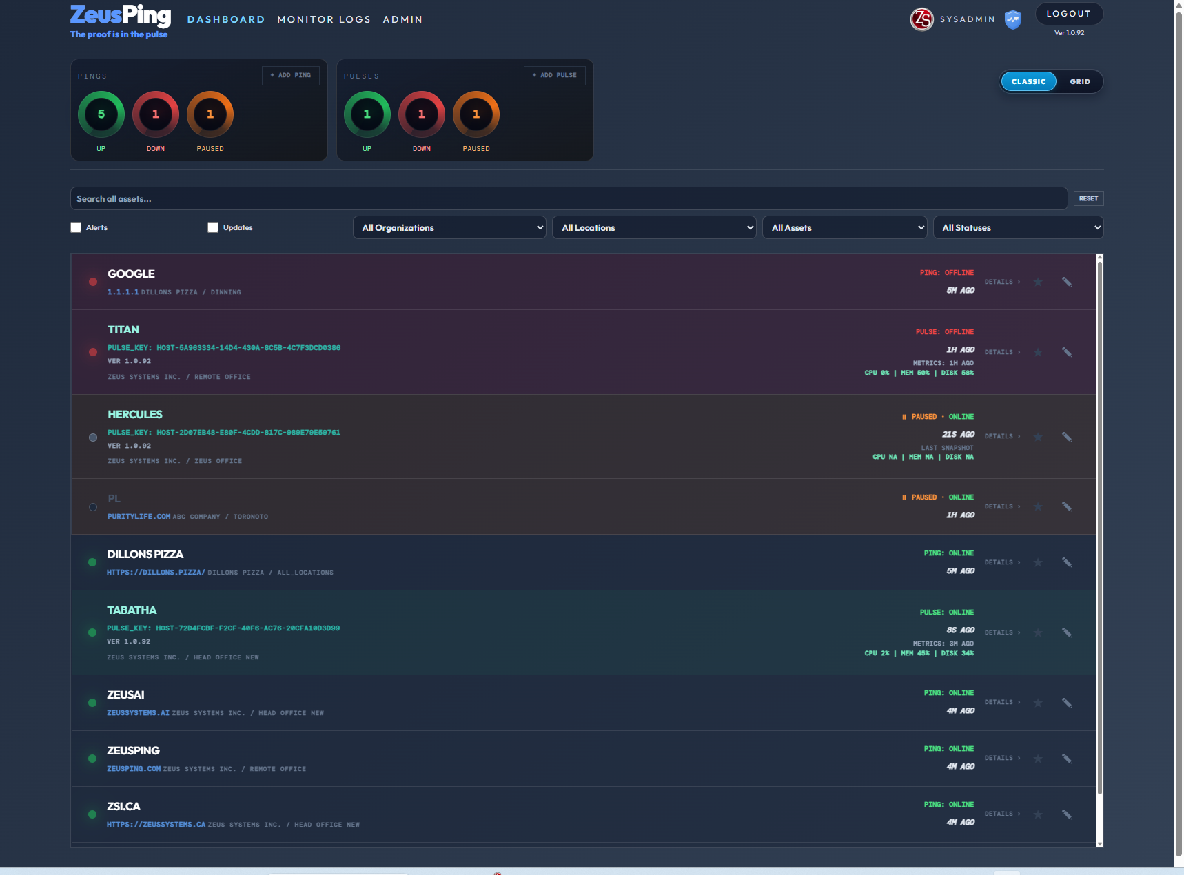 ZeusPing dashboard — Classic layout, dark theme, Zeus blue accent